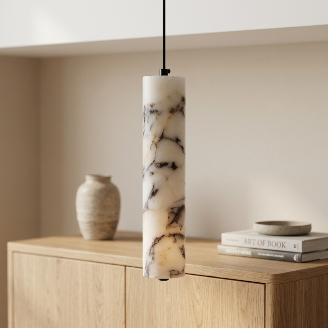 Keldvik — Flint Pendant Light, Hand-Carved Natural Stone — Natural Wood Sideboard, square 1