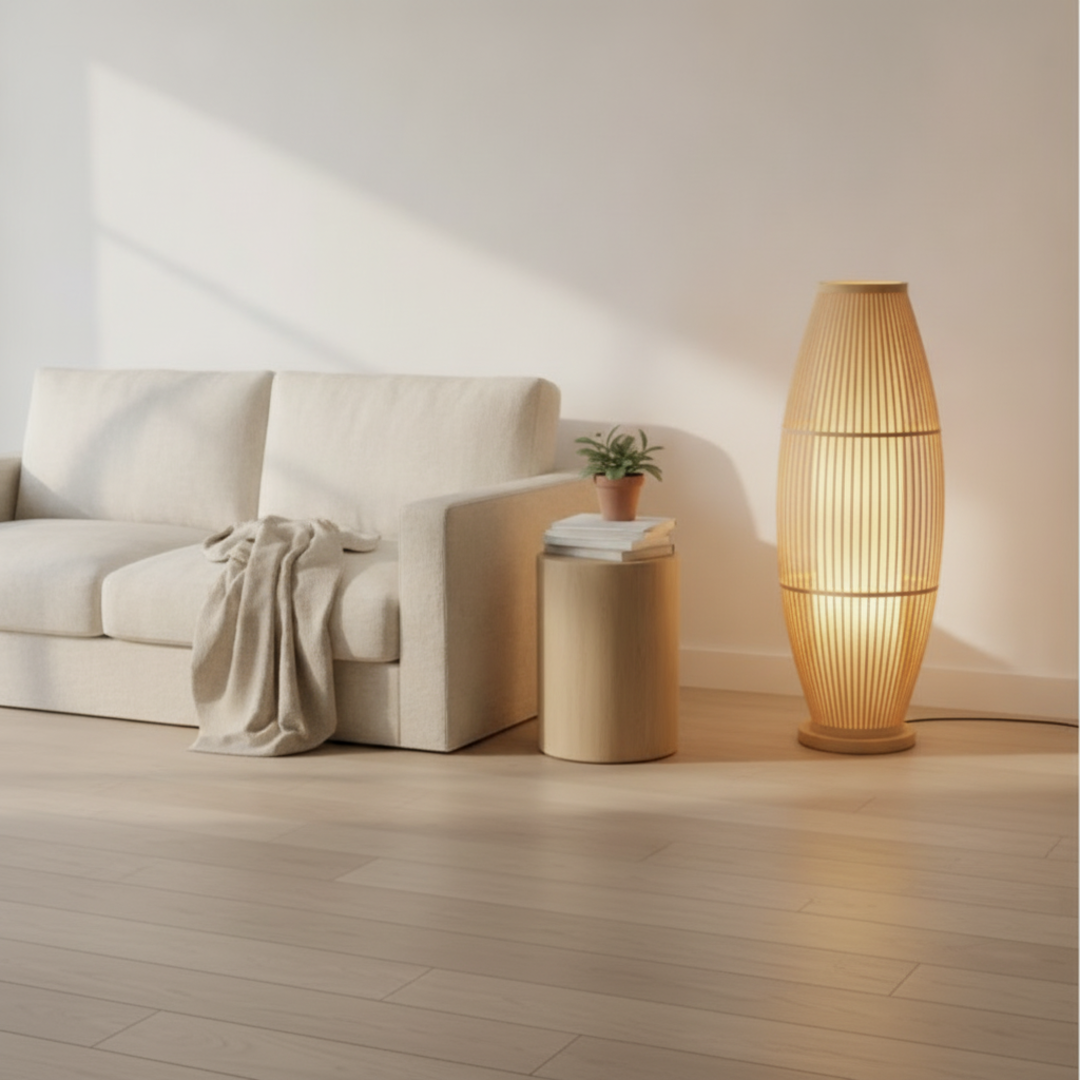 Keldvik — BambooMist Floor Lamp, Handwoven Bamboo and Metal — Scandinavian Minimal Interior, square 1