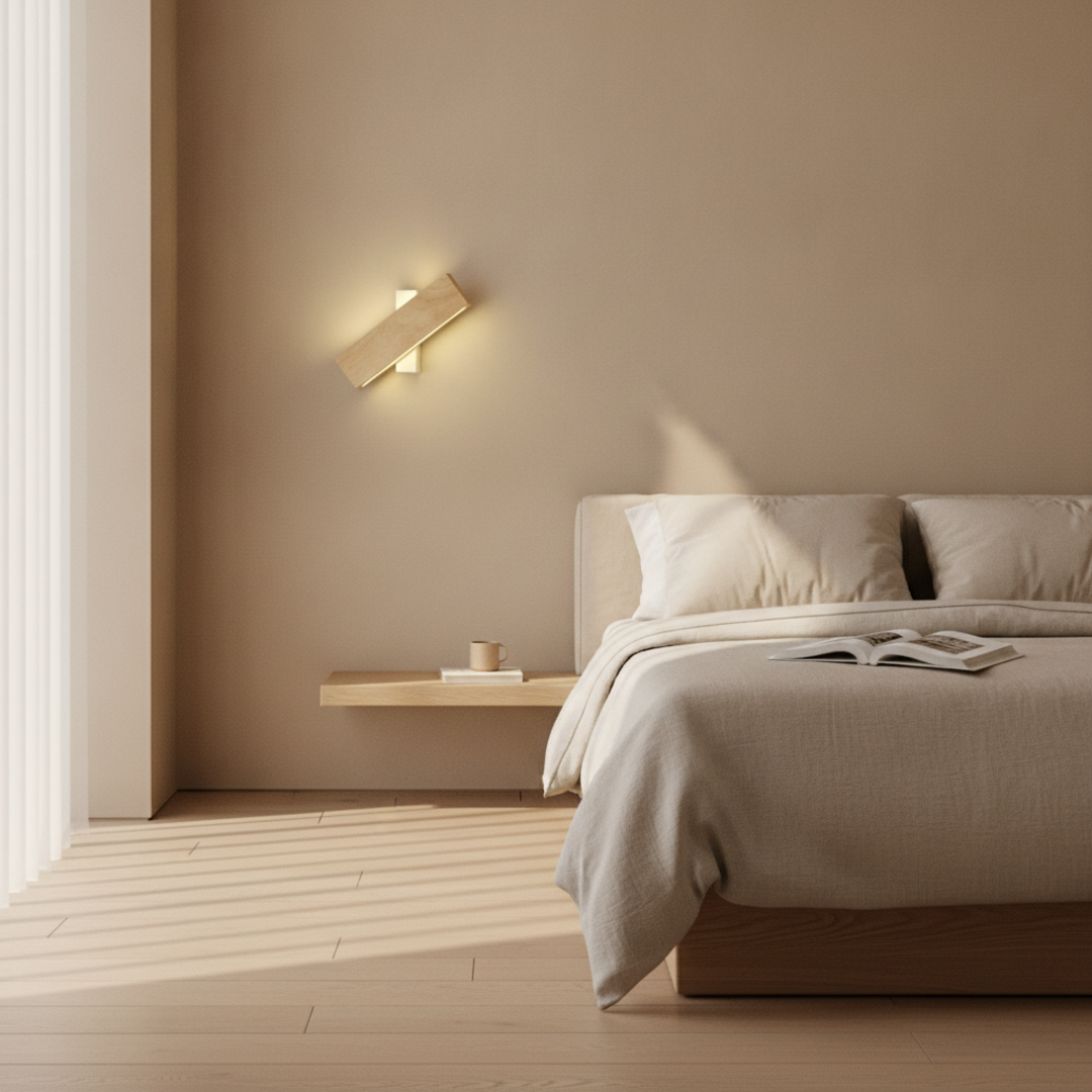 Keldvik — Harmonia Wall Sconce, Solid Wood and Frosted Acrylic — Soft Neutral Bedroom, square 1