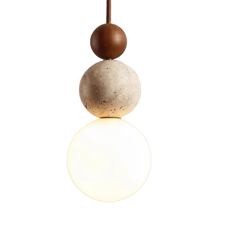 Cement sphere pendant light with a wooden accent on a neutral background
