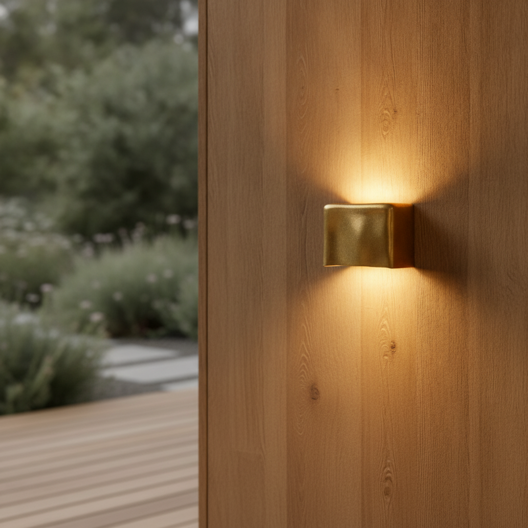 Keldvik — Crescent Wall Light, Sculpted Gold Aluminium — Outdoor Patio Evening Scene, square 2