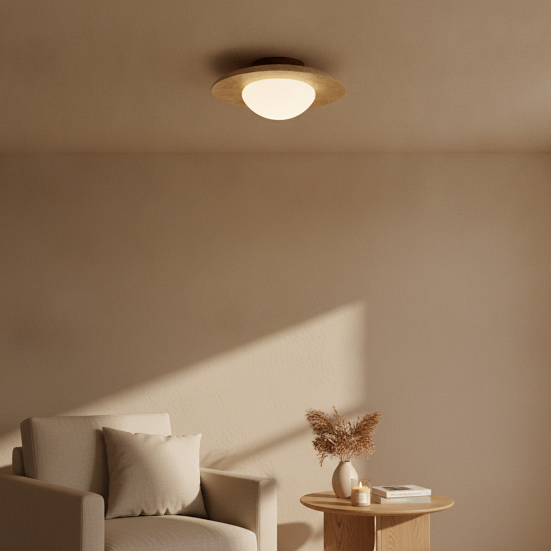 Keldvik — Havenstone Ceiling Light, Natural Travertine Shade — Warm Beige Interior, square 1