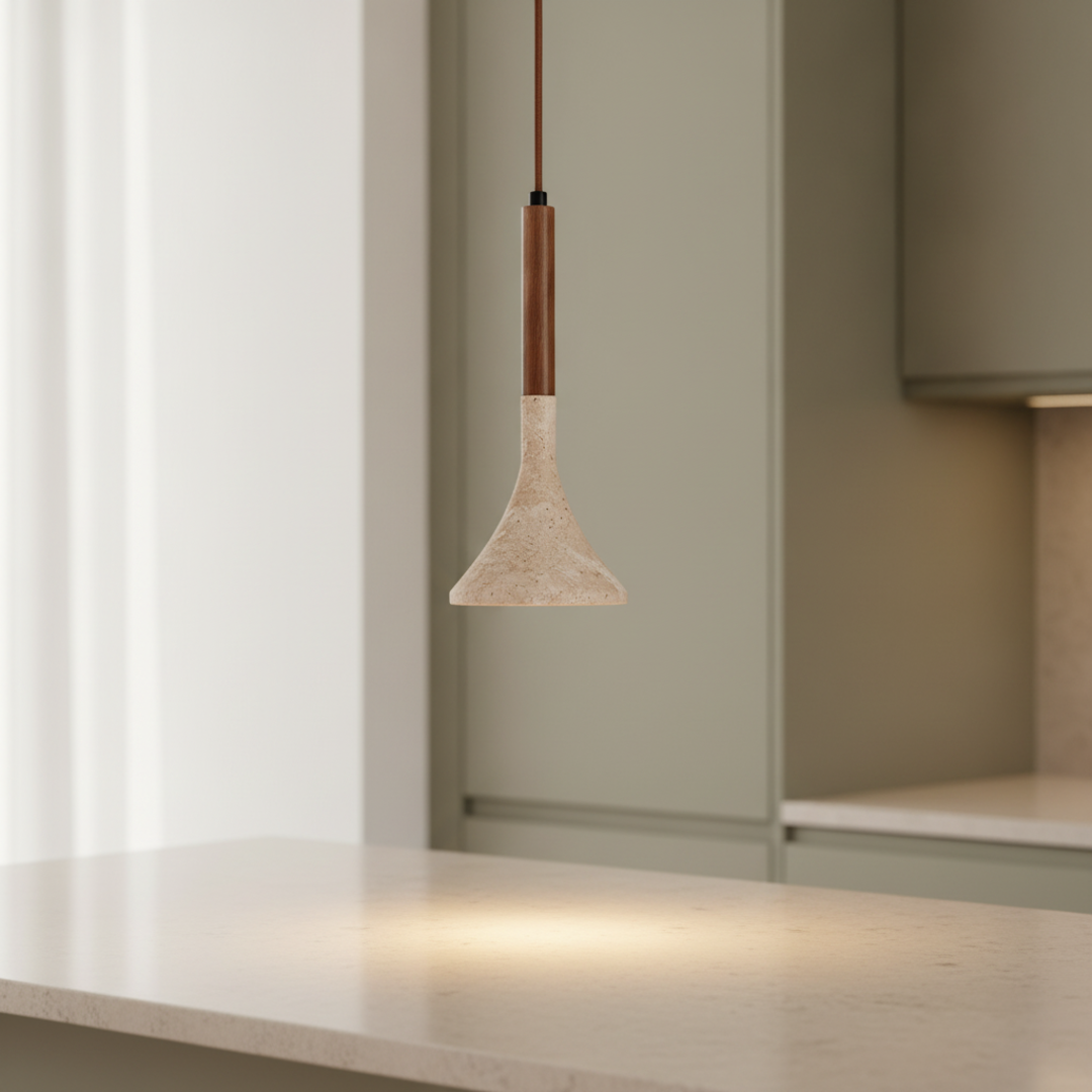 Keldvik — Woodnord Pendant Light, Natural Travertine and Wood — Kitchen Counter, square 1