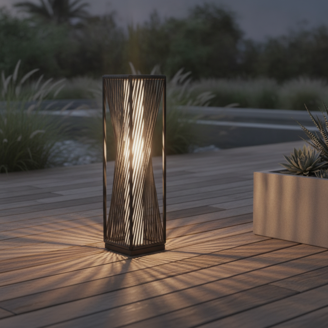 Keldvik — TerraGlow Outdoor Lamp, Weather-Resistant Resin Wicker and Iron — Outdoor Patio Evening Scene, square 1