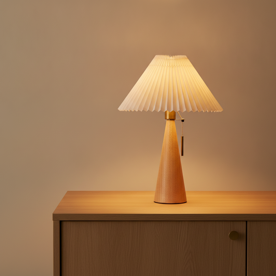 Keldvik — Dawnveil Table Lamp, Natural Rubberwood and Pleated Fabric — Warm Neutral Studio, square 1