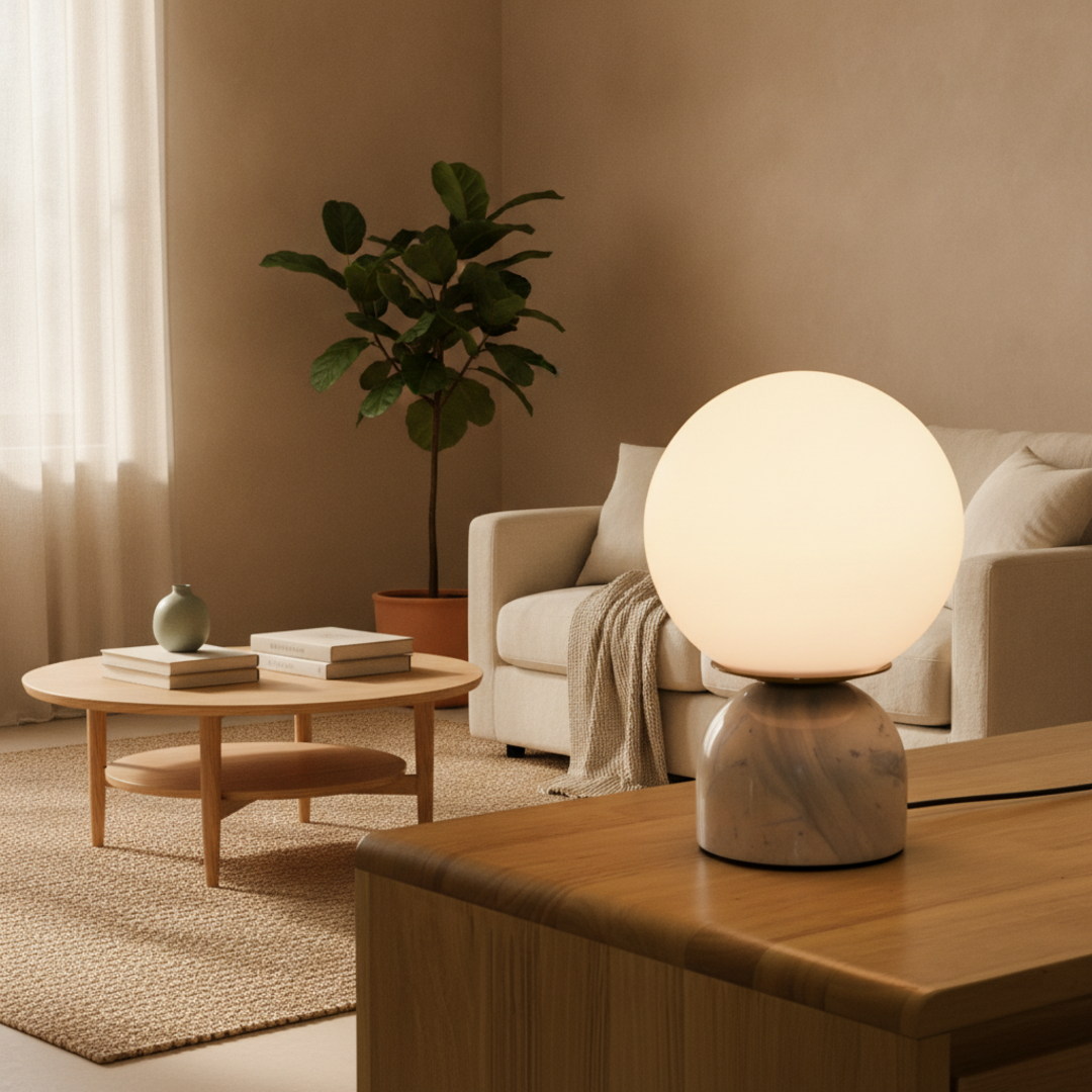 Keldvik — Onyx Table Lamp, Smooth Black Marble Base with White Glass Shade — Nordic Japandi Living Room, square 1