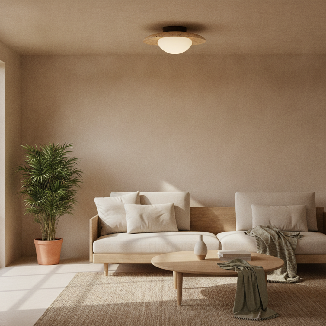 Keldvik — Havenstone Ceiling Light, Natural Travertine Shade — Nordic Japandi Living Room, square 1