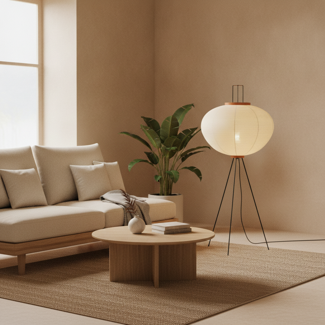 Keldvik — Duskbloom Floor Lamp, Mulberry Paper Shade on Metal Frame — Nordic Japandi Living Room, square 1