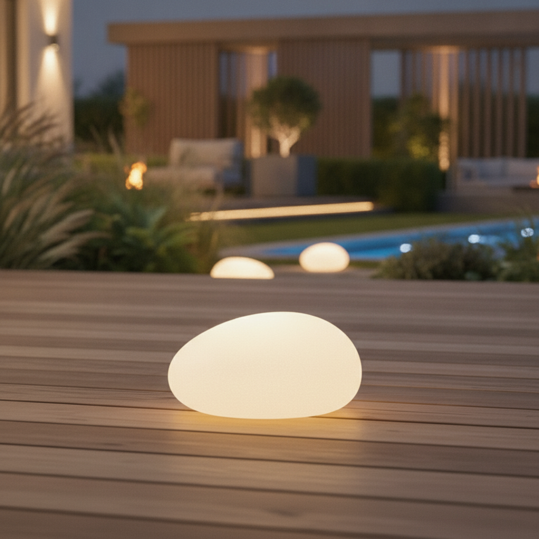 Keldvik — PebbleGlow Outdoor Light, Sandblasted Glass and ABS — Outdoor Patio Evening Scene, square 2