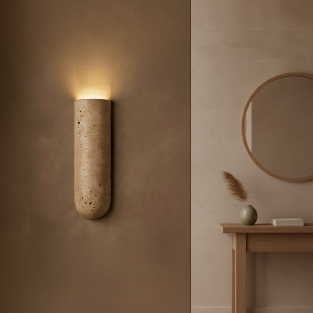 Keldvik — Stoneveil Wall Sconce, Authentic Travertine — Wall Sconce in Warm Hallway, square 2
