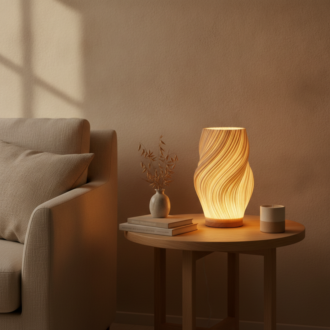 Keldvik — Bølge Table Lamp, Wave-Shaped Shade in Natural Wood — Warm Beige Interior, square 1