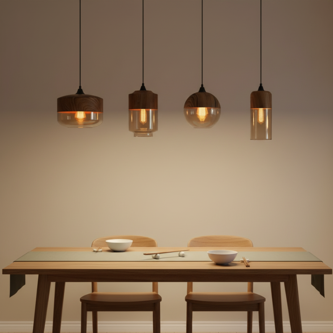 Keldvik — FjordLume Ceiling Light, Wooden Fixture with Tinted Glass — Pendant Lamp over Dining Table, square 1