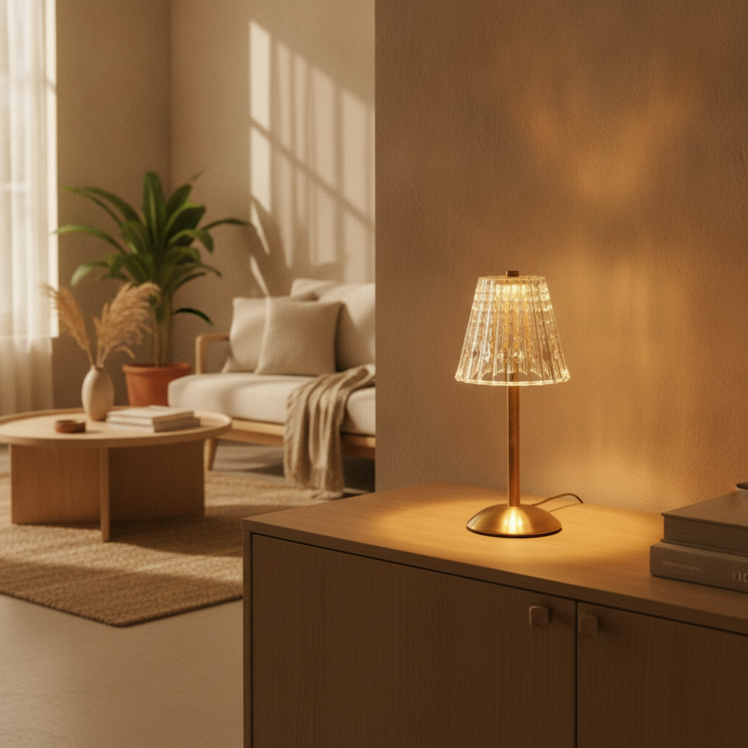 Keldvik — Lyra Table Lamp, Crystal-Cut Acrylic with Gold Iron Frame — Nordic Japandi Living Room, square 1