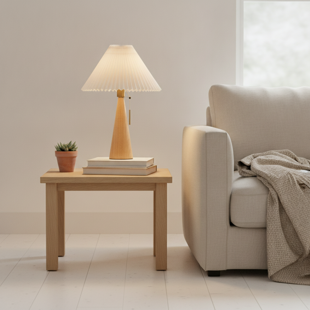 Keldvik — Dawnveil Table Lamp, Natural Rubberwood and Pleated Fabric — Scandinavian Minimal Interior, square 1