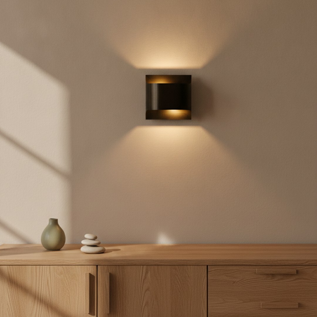 Keldvik — Glowdome Wall Lamp, Hand-Finished Solid Brass — Natural Wood Sideboard, square 1