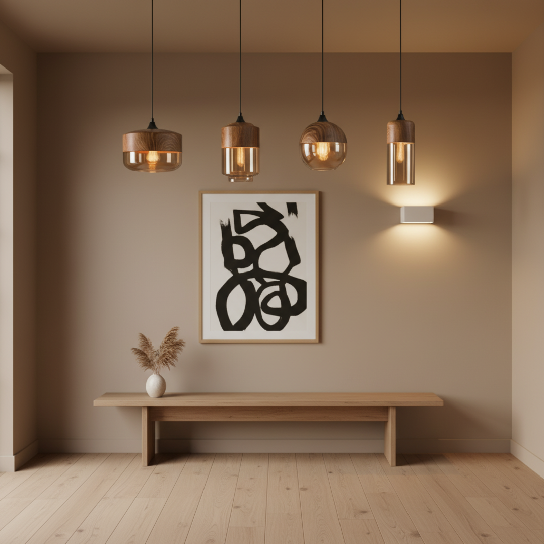 Keldvik — FjordLume Ceiling Light, Wooden Fixture with Tinted Glass — Minimal Hallway with Wall Light, square 2