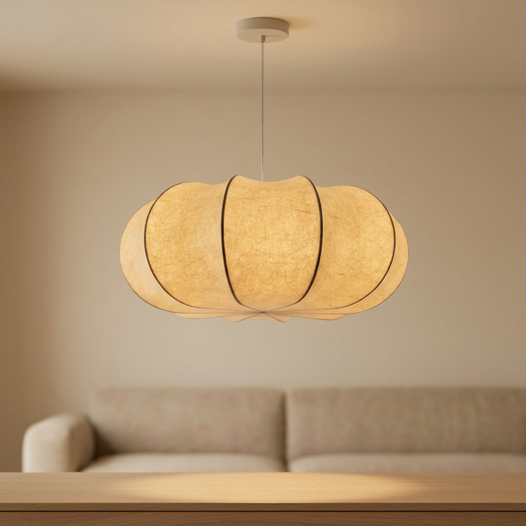 Keldvik — Silkveil Pendant Light, Handwoven Silk Shade on Metal Frame — Warm Neutral Studio, square 1