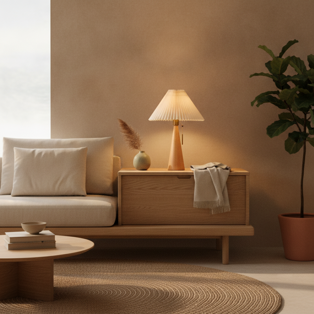Keldvik — Dawnveil Table Lamp, Natural Rubberwood and Pleated Fabric — Nordic Japandi Living Room, square 1