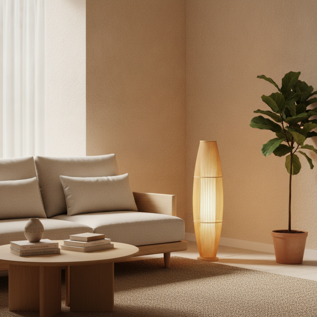 Keldvik — BambooMist Floor Lamp, Handwoven Bamboo and Metal — Nordic Japandi Living Room, square 1