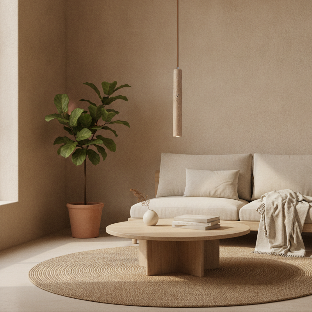 Keldvik — Sabi Pendant Light, Natural Travertine — Nordic Japandi Living Room, square 2