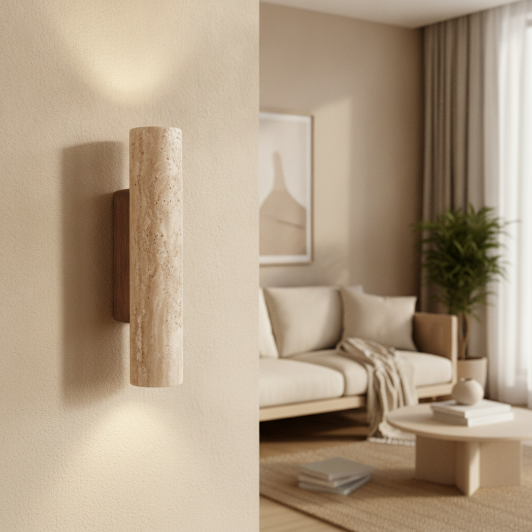 Keldvik — Wabi Wall Light, Hand-Carved Natural Travertine — Nordic Japandi Living Room, square 2