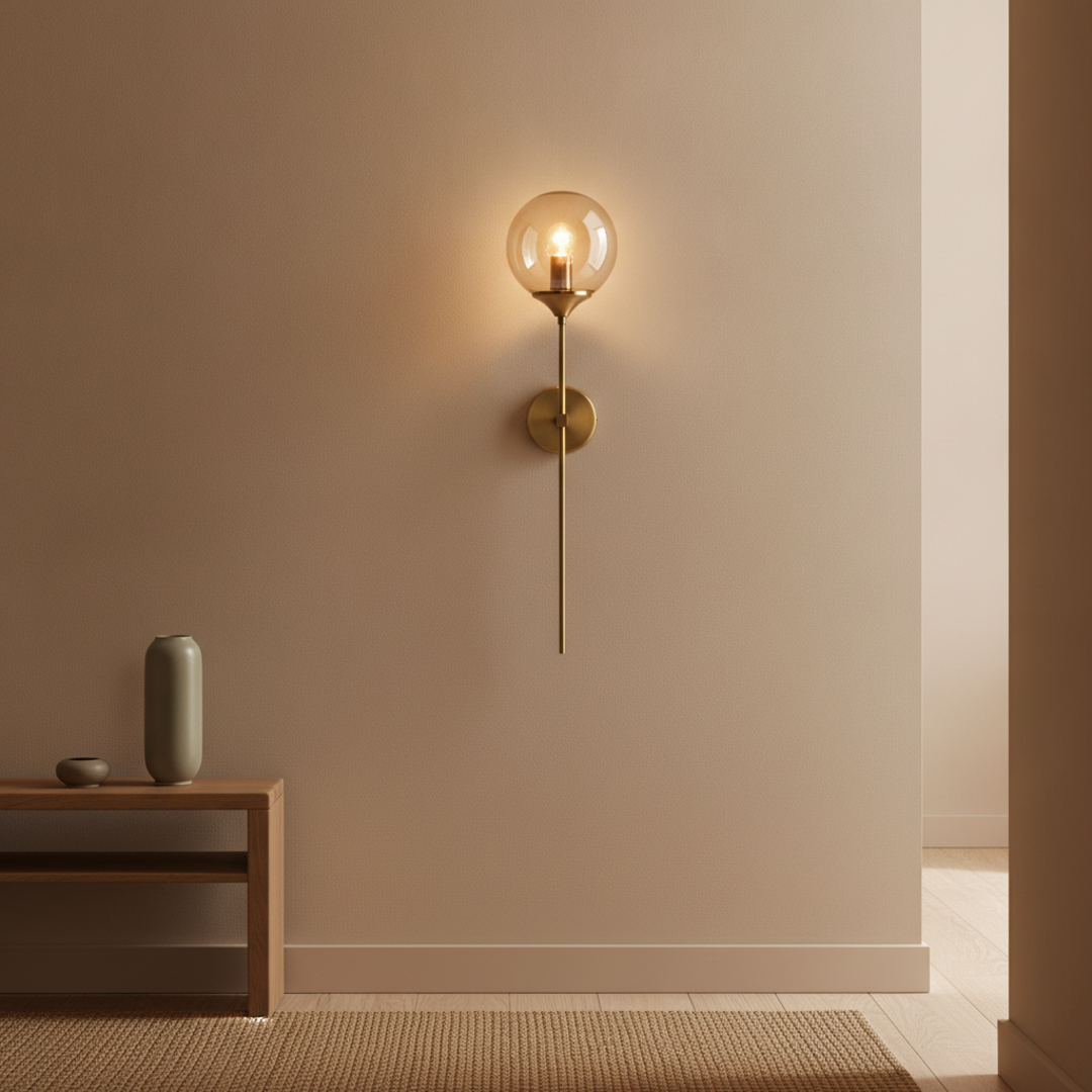 Keldvik — Globeveil Wall Lamp, Clear Glass with Iron Frame — Wall Sconce in Warm Hallway, square 1