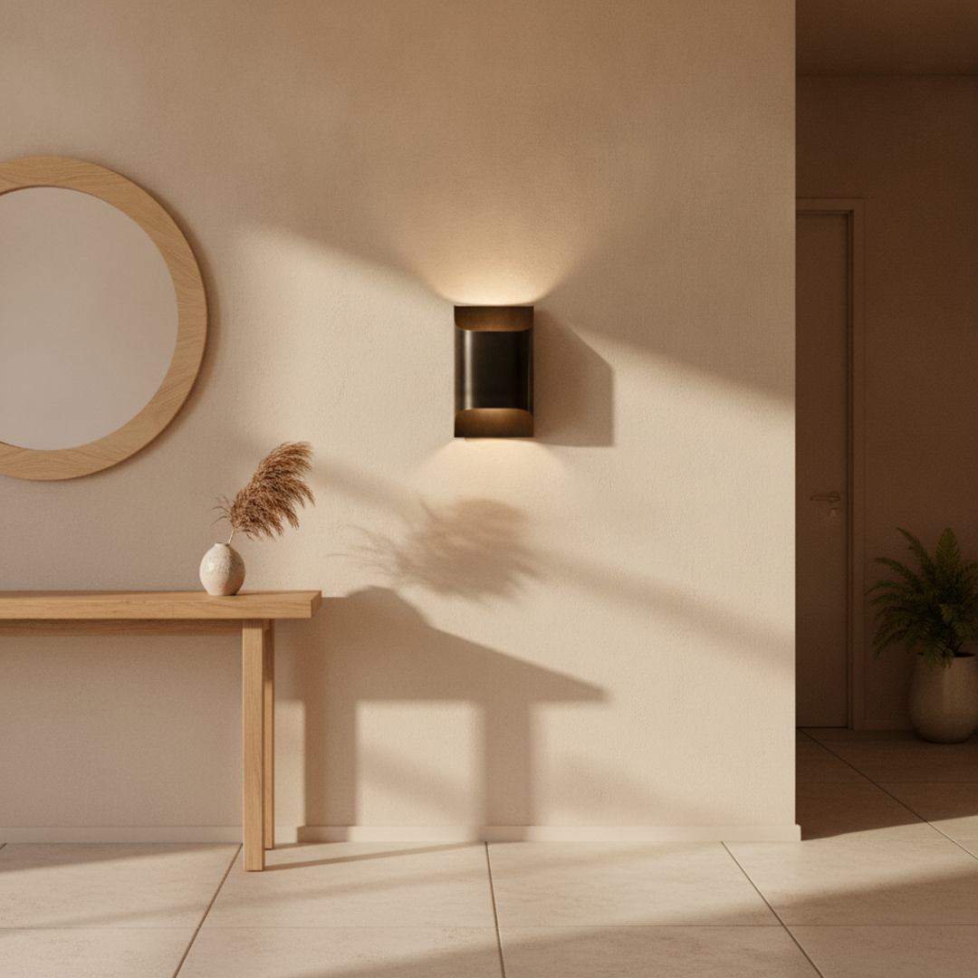 Keldvik — Glowdome Wall Lamp, Hand-Finished Solid Brass — Minimal Hallway with Wall Light, square 1