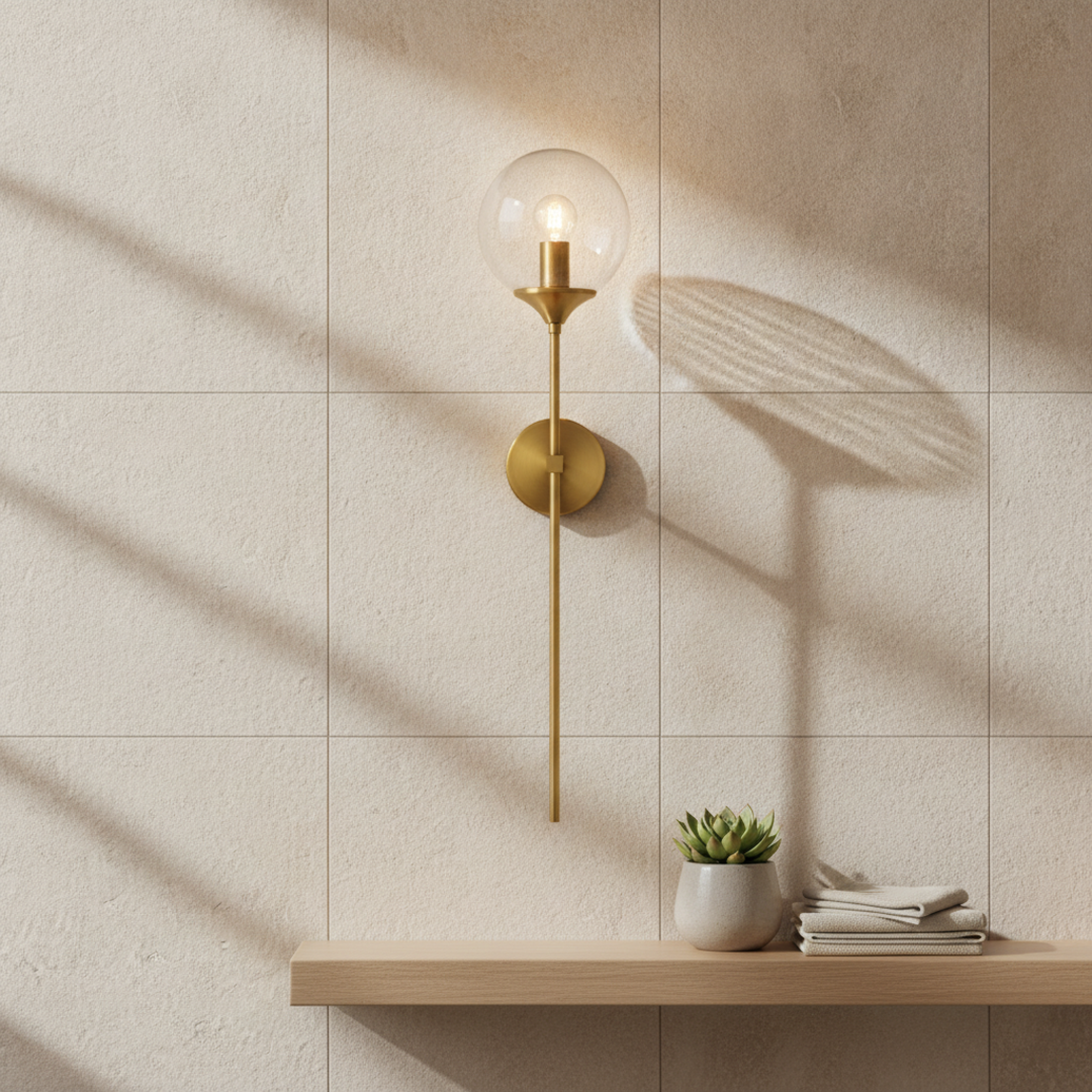 Keldvik — Globeveil Wall Lamp, Clear Glass with Iron Frame — Bathroom Interior, square 1