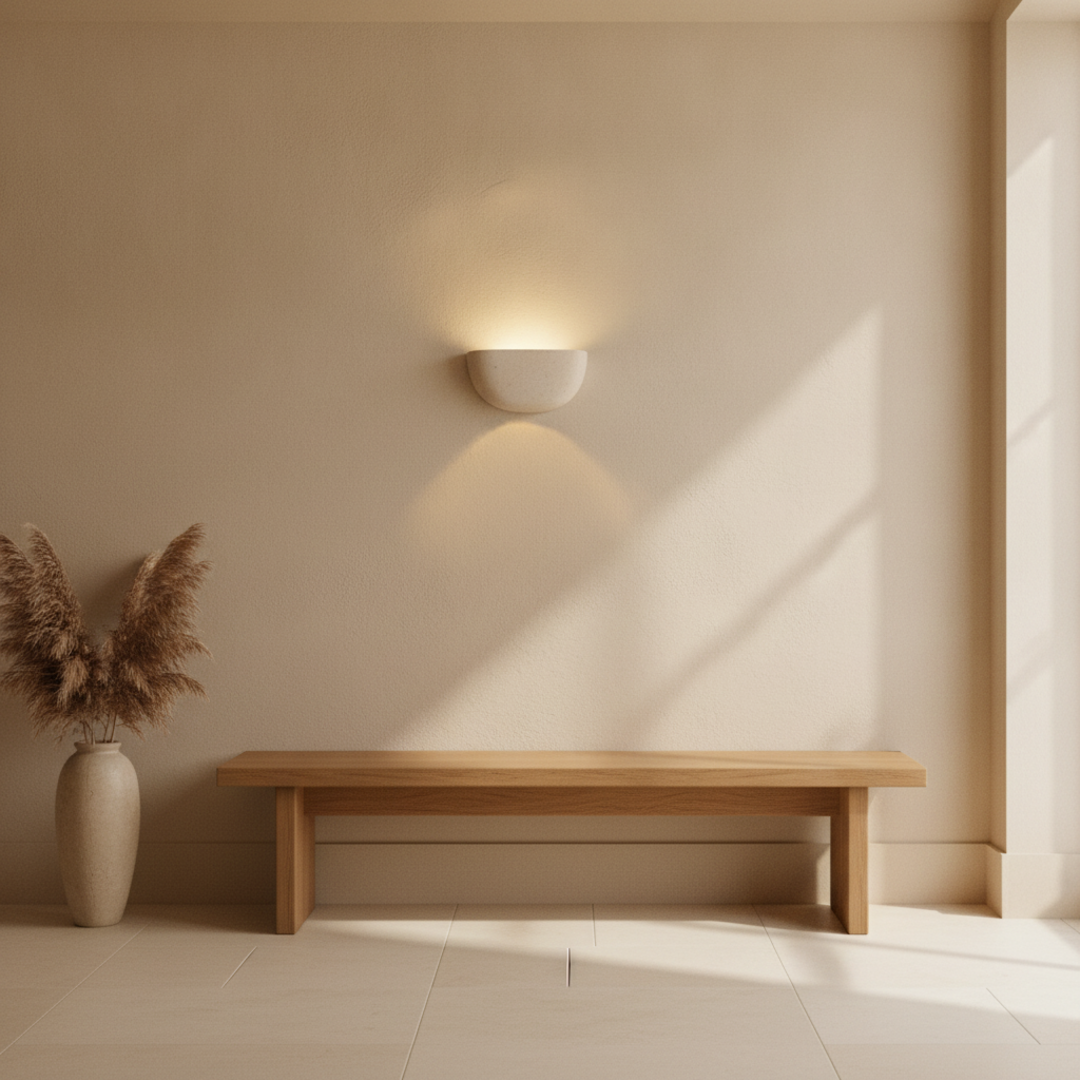 Keldvik — Stonearch Wall Lamp, Handcrafted Natural Travertine — Wall Sconce in Warm Hallway, square 2