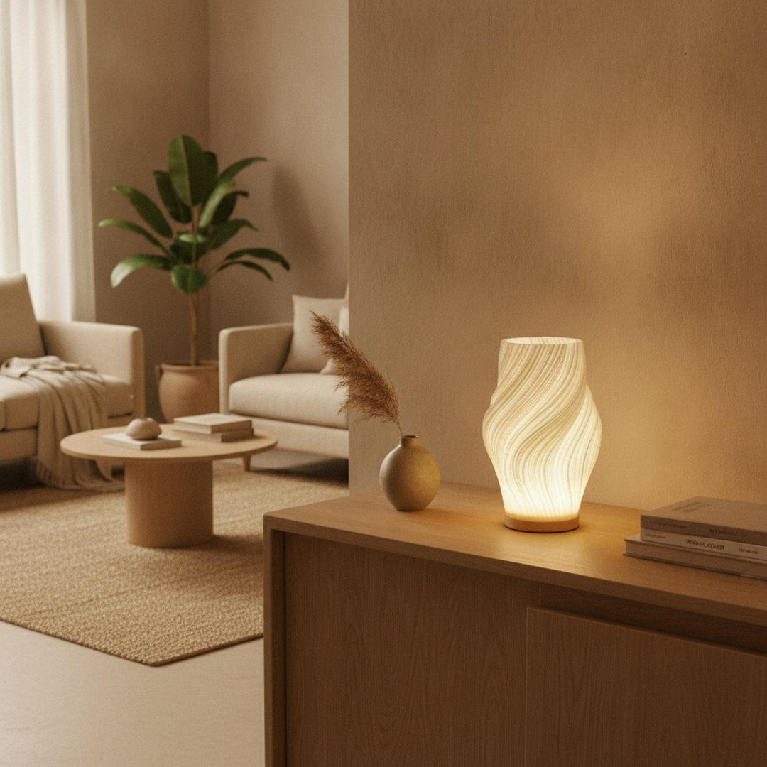 Keldvik — Bølge Table Lamp, Wave-Shaped Shade in Natural Wood — Nordic Japandi Living Room, square 1