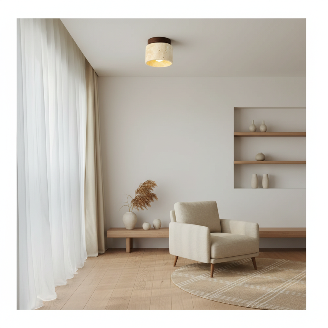 Keldvik — TranquilStone Ceiling Lamp, Genuine Travertine and Wood — Scandinavian Minimal Interior, square 5