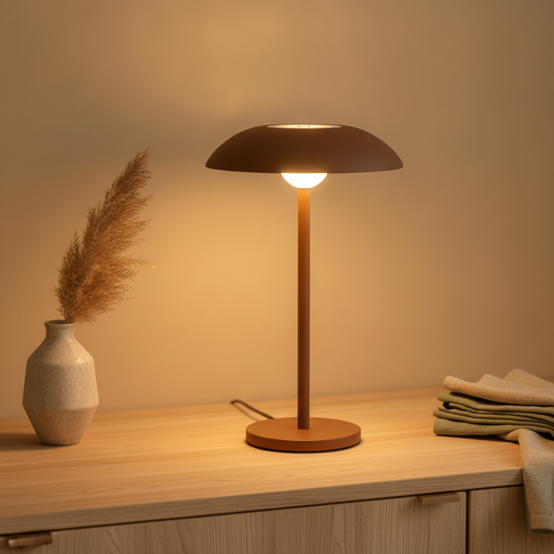Keldvik — Astrid Table Lamp, Iron and Warm LED — Table Lamp on Wooden Sideboard, square 1