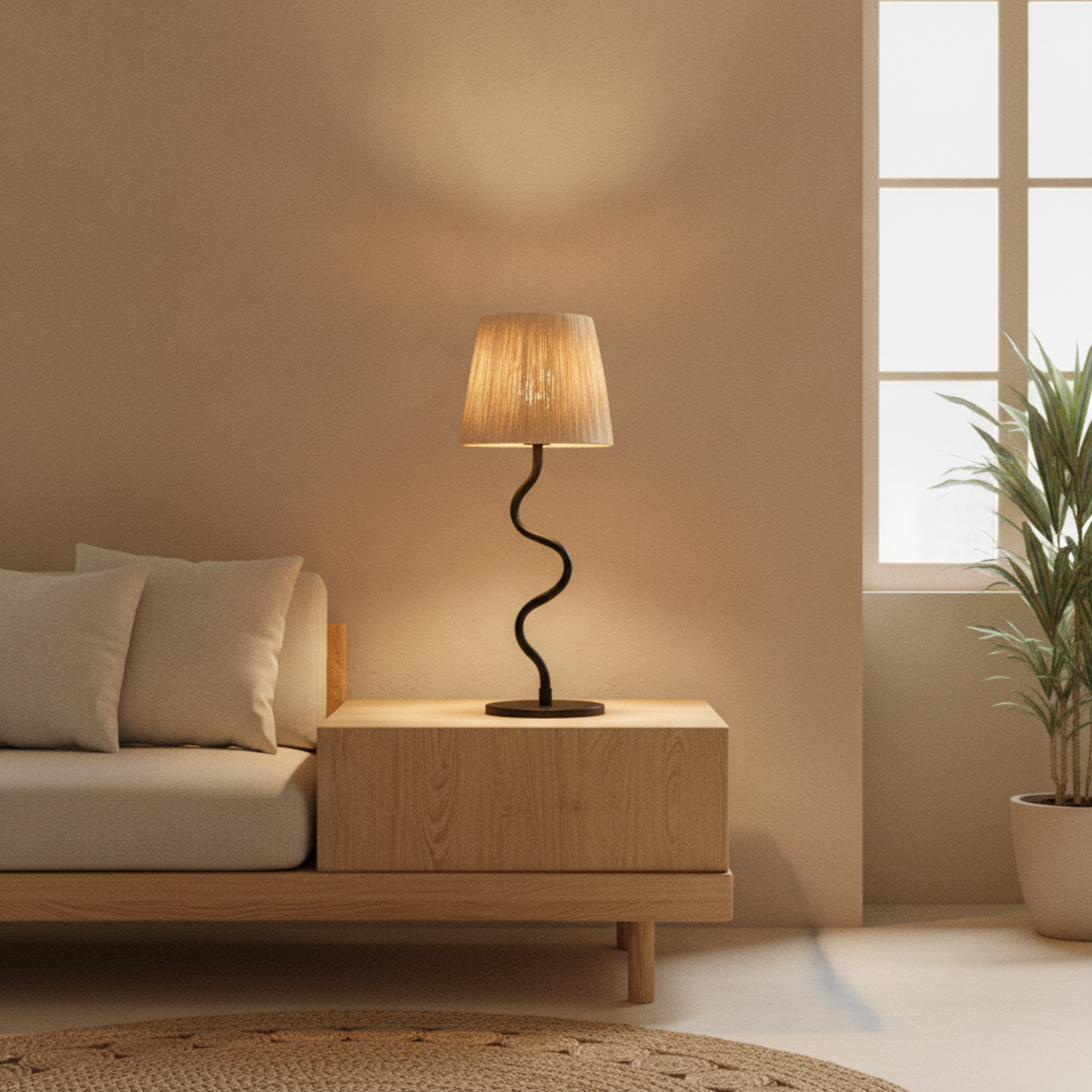 Keldvik — Sculptura Table Lamp, Woven Paper Rope Shade on Black Metal Base — Nordic Japandi Living Room, square 1