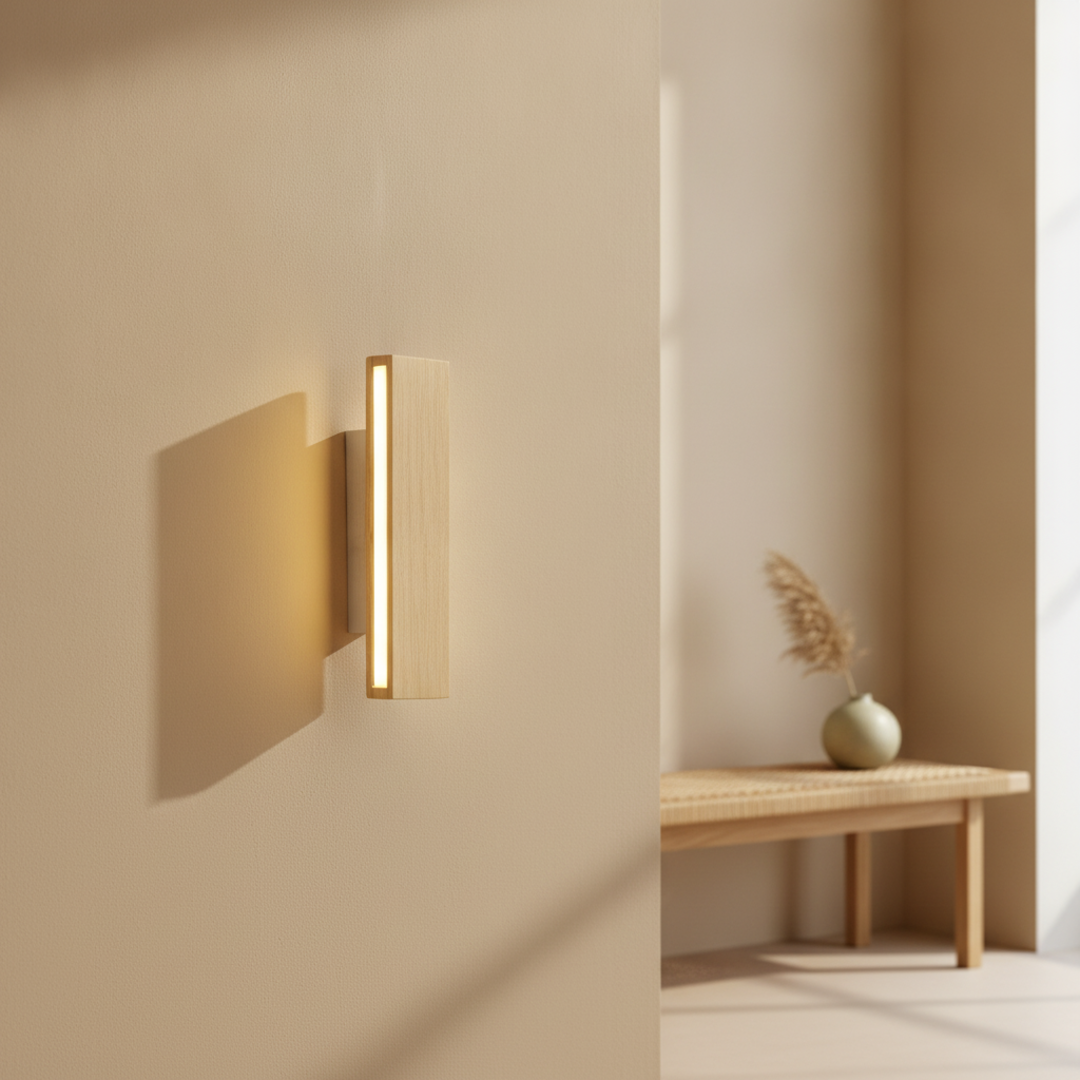 Keldvik — Harmonia Wall Sconce, Solid Wood and Frosted Acrylic — Wall Sconce in Warm Hallway, square 1