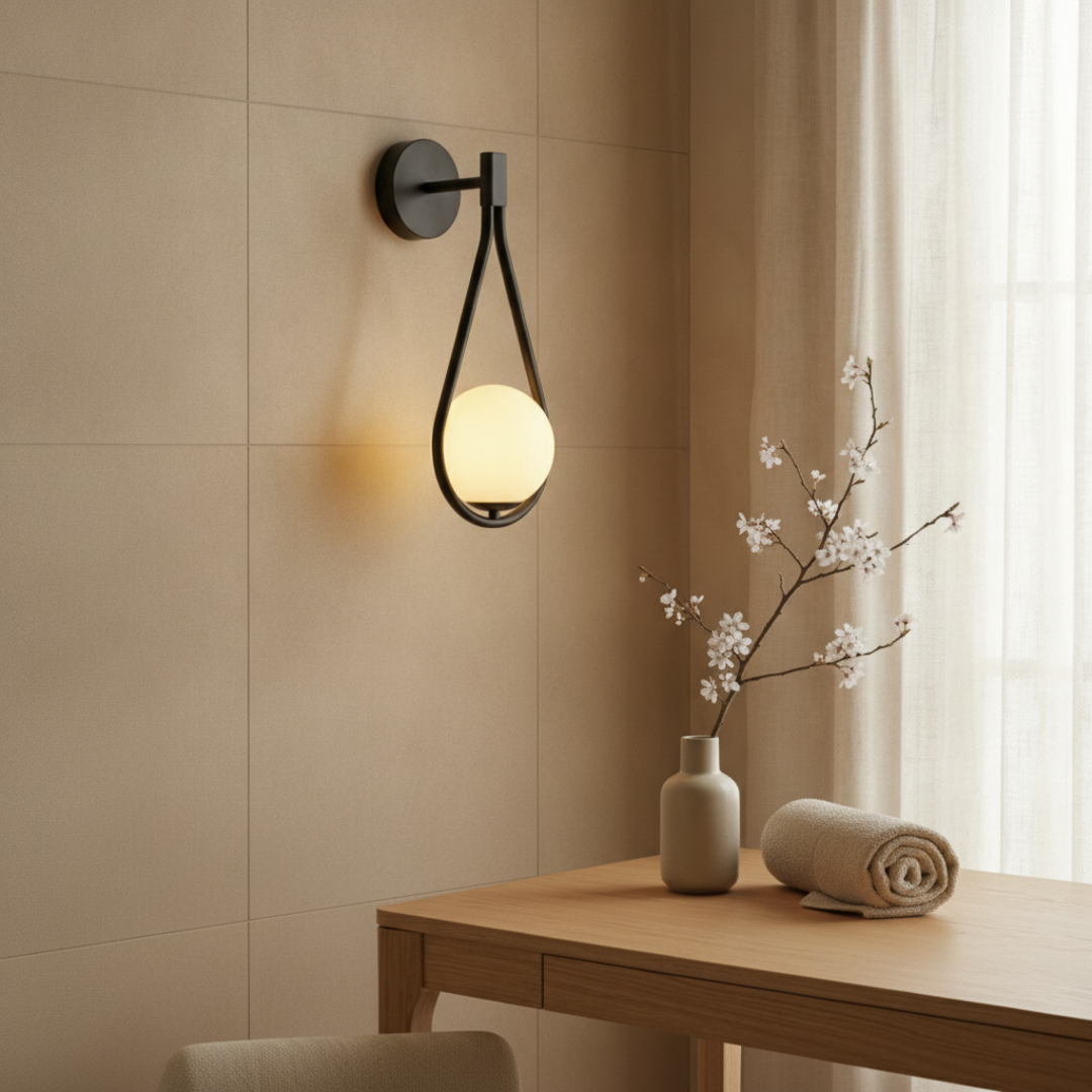 Keldvik — Lunaris Ceiling Lamp, Elegant Glass Globe on Metal Arm — Bathroom Interior, square 2