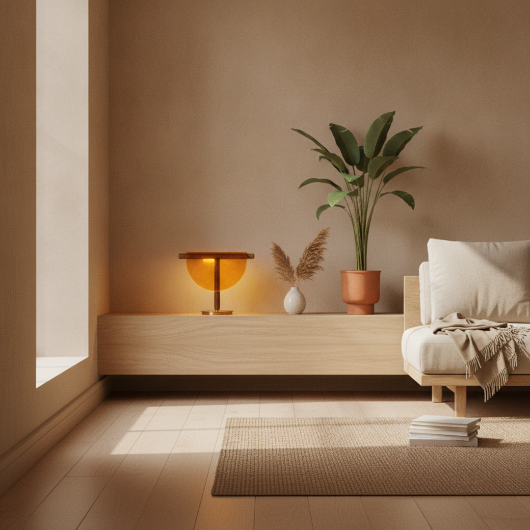 Keldvik — Havenlight Table Lamp, Amber Glass Shade on Iron Base — Nordic Japandi Living Room, square 1