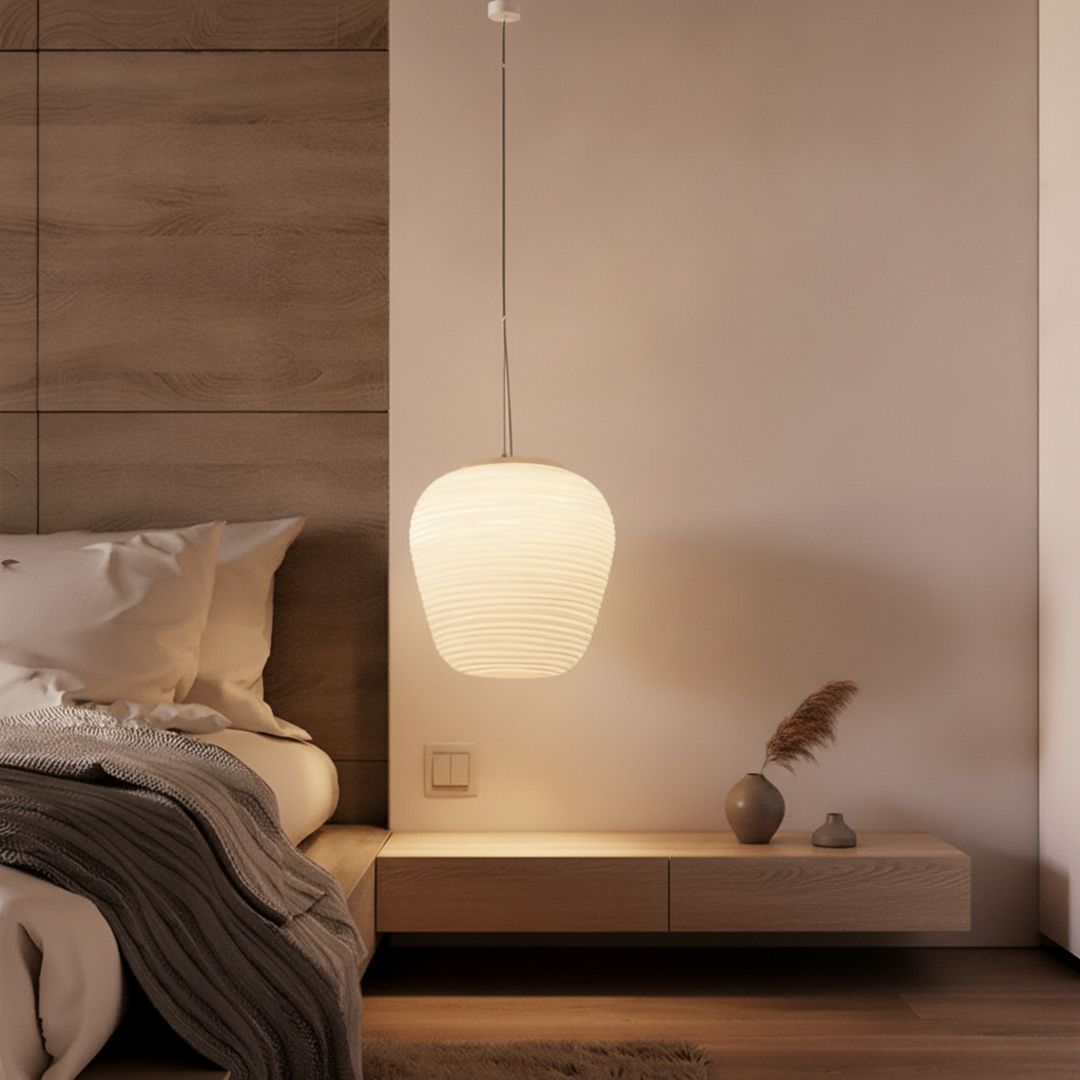 Keldvik — Opaline Pendant Light, Ribbed Frosted Glass — Natural Wood Sideboard, square 1