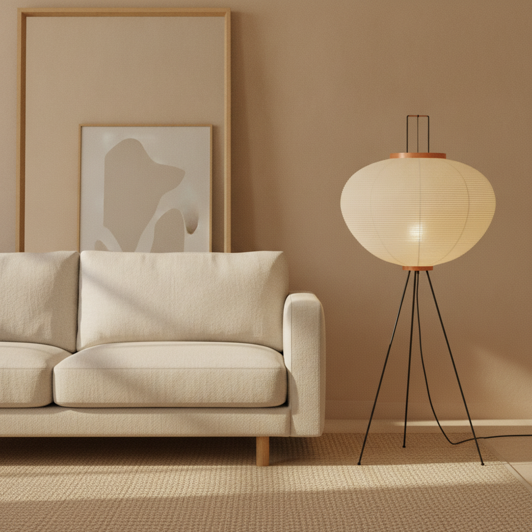 Keldvik — Duskbloom Floor Lamp, Mulberry Paper Shade on Metal Frame — Floor Lamp in Japandi Living Room, square 2