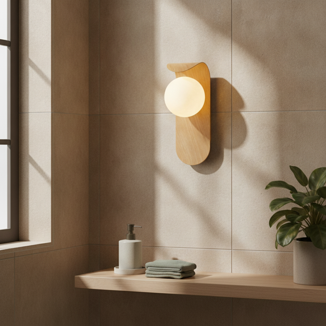 Keldvik — Mistveil Wall Lamp, Frosted Glass Globe on Wood Base — Bathroom Interior, square 2