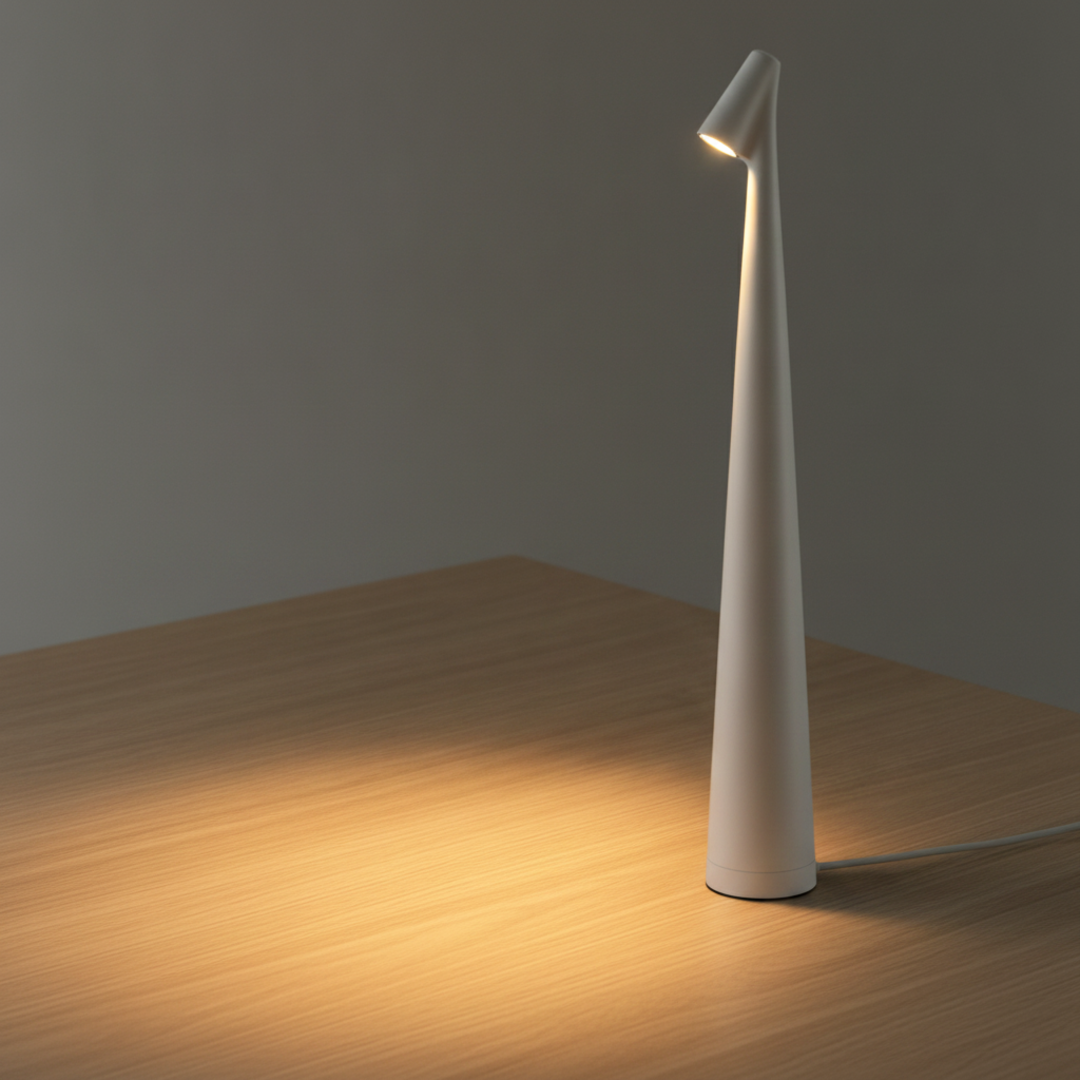 Keldvik — Duskspire Table Lamp, Matte Aluminium with Polycarbonate Diffuser — Wooden Table, square 2