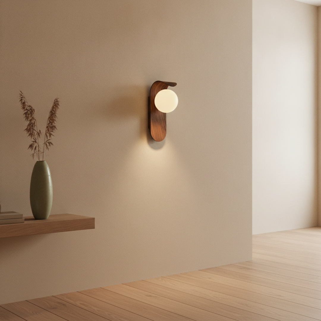 Keldvik — Mistveil Wall Lamp, Frosted Glass Globe on Wood Base — Minimal Hallway with Wall Light, square 1