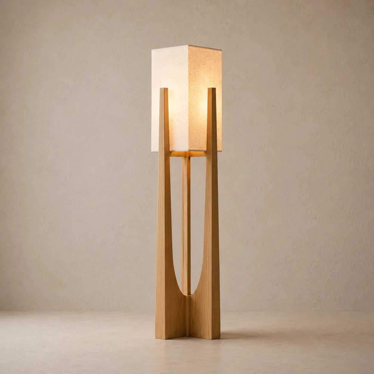 Harmoni Floor Lamp, Handcrafted Fabric Shade on Wooden Base