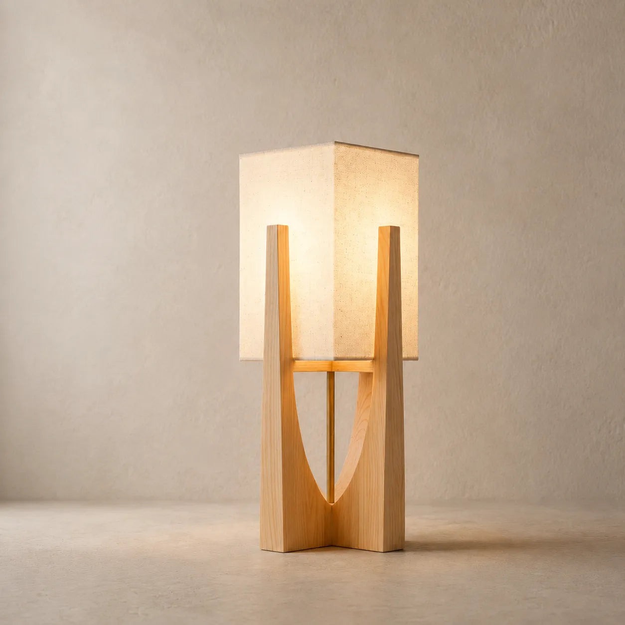 Harmoni Floor Lamp, Handcrafted Fabric Shade on Wooden Base