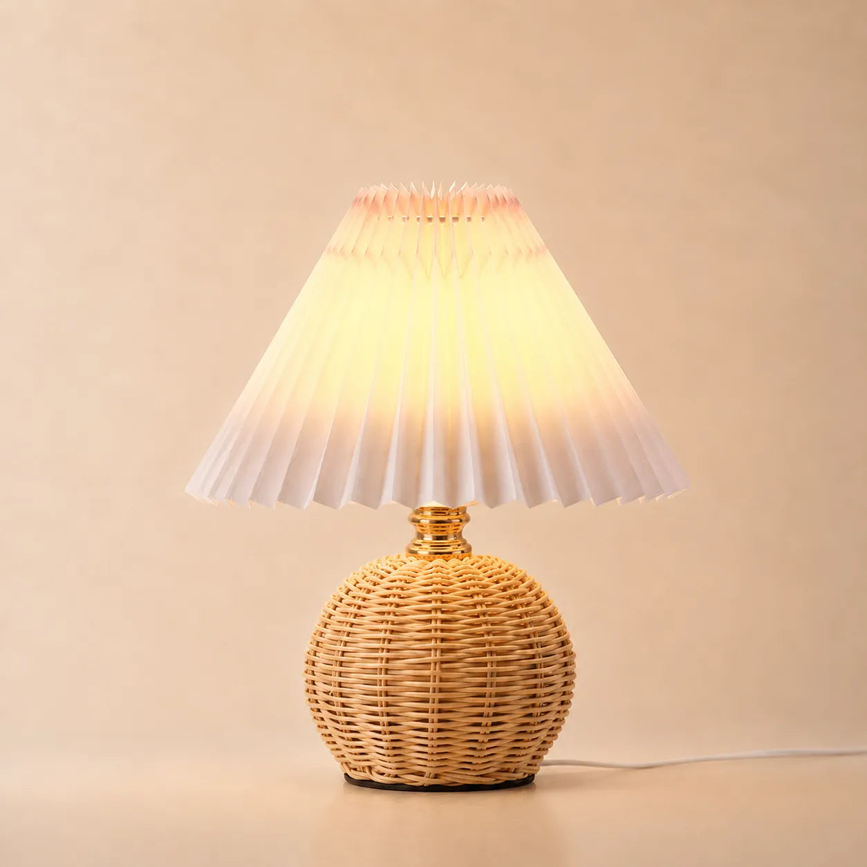 Hearthcone Table Lamp, Woven Rattan with Pleated Fabric Shade