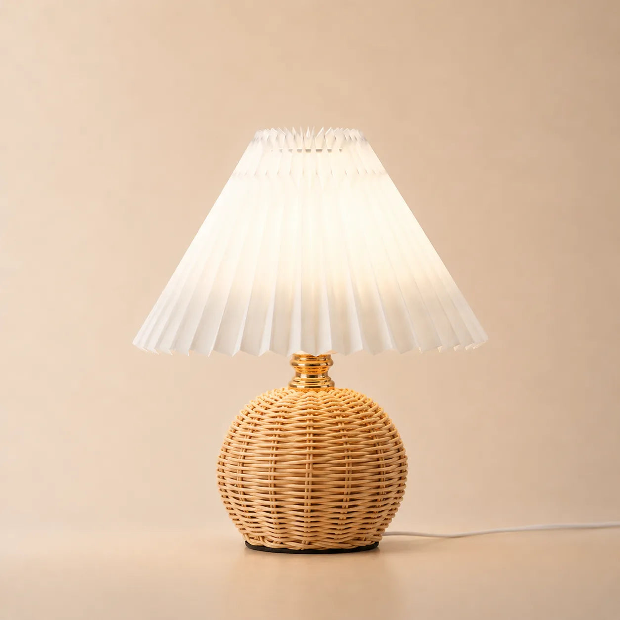 Hearthcone Table Lamp, Woven Rattan with Pleated Fabric Shade