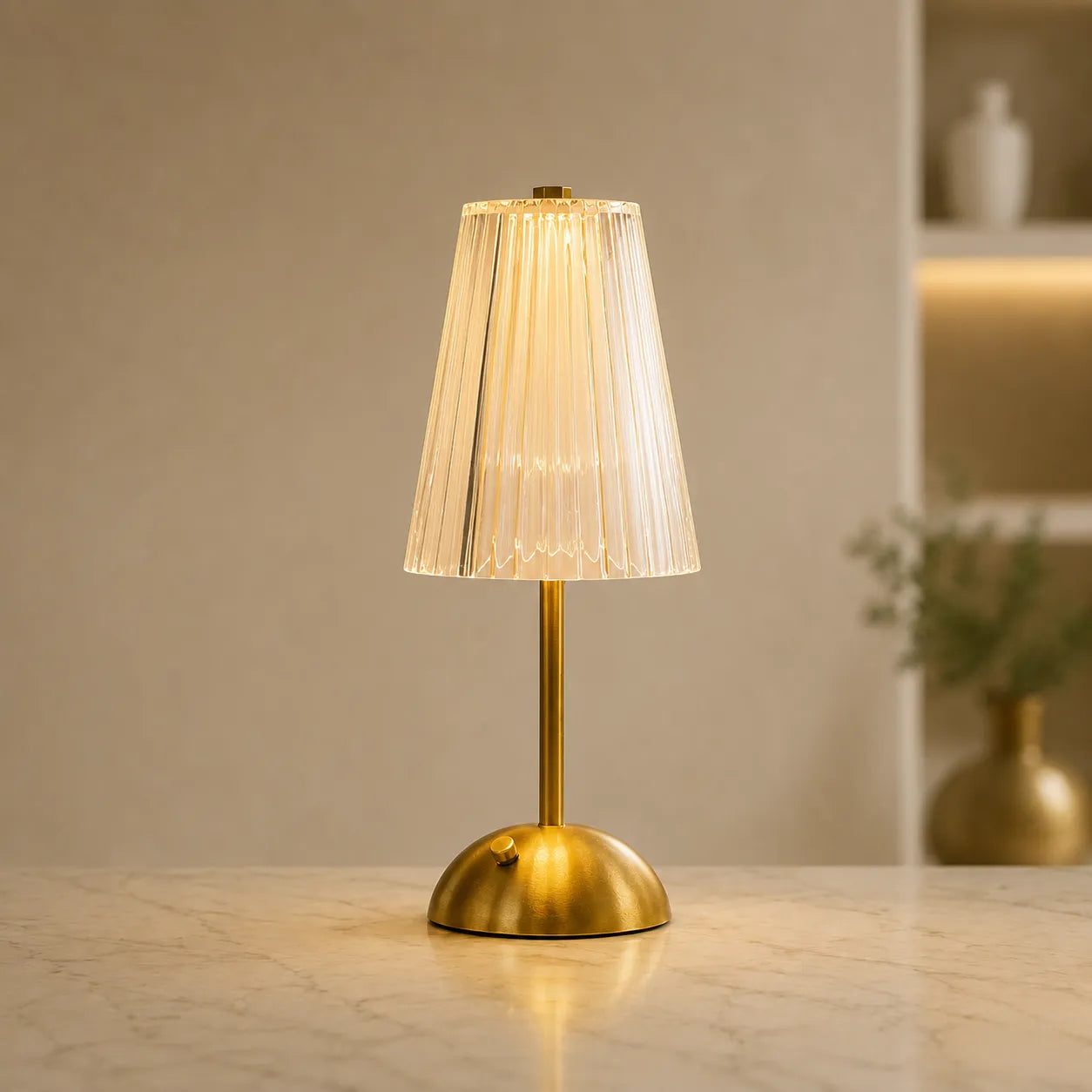 Lyra Table Lamp, Crystal-Cut Acrylic with Gold Iron Frame