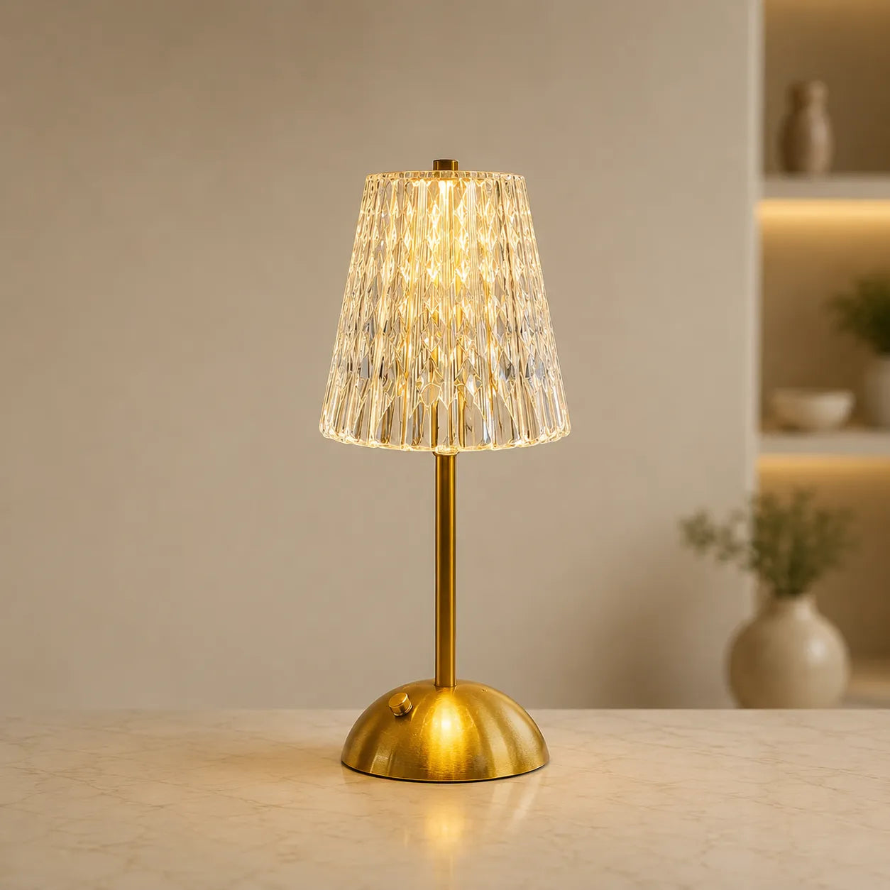 Lyra Table Lamp, Crystal-Cut Acrylic with Gold Iron Frame