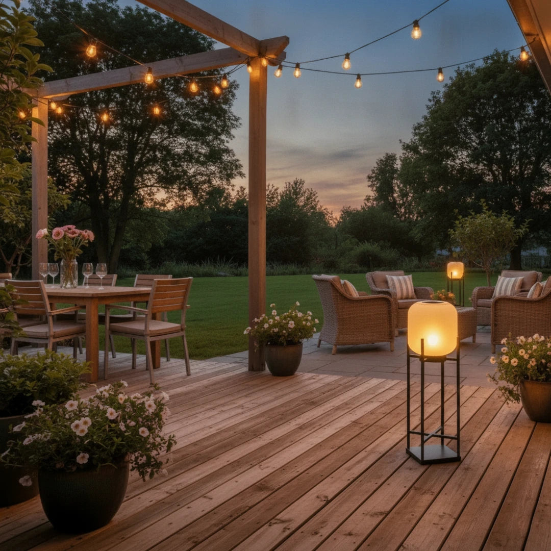 Keldvik — Starlume Outdoor Lantern, Stainless Steel and Glass — Outdoor Patio Evening Scene, square 1