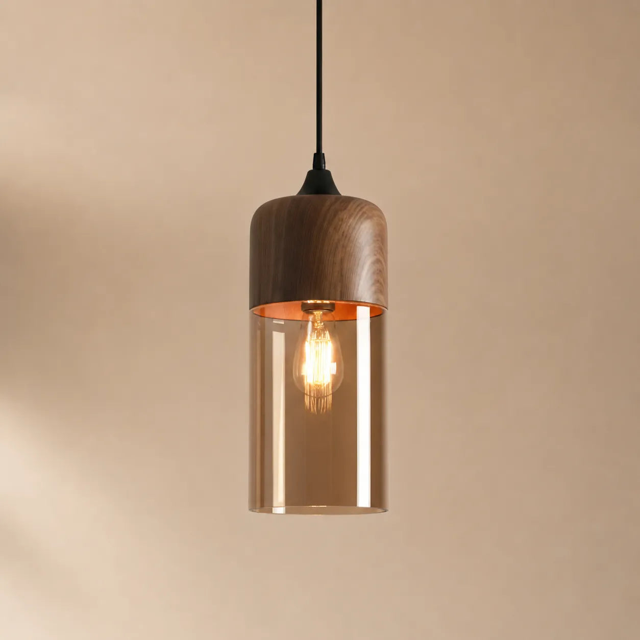 FjordLume Ceiling Light, Wooden Fixture with Tinted Glass